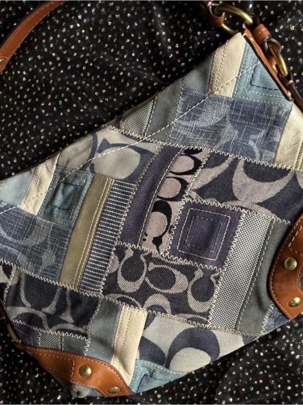 Coach Patchwork Shoulder Bag in Navy, Cream & Brown